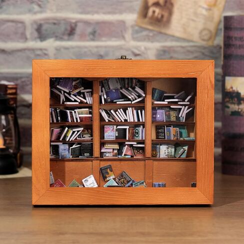 Anxiety Bookshelf Shake Away Your Anxiety, Miniature Book Display Case Cabinet with 200 Mini Books, Creative Wooden Mini Bookshelf Shake Anxiety Stress Reliever Funny Gifts for Book Lovers (Brown) in Saudi Arabia