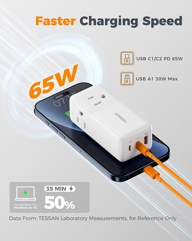 TESSAN USB C Charging Station PD 30W, Flat Plug Power Strip with 3 AC Ouelets 3 USB (2 USB C), USB C Charger with 5FT Flat Cable Extension Cord, Fast Charging for Phone Tablet Laptop, Travel, Office in Saudi Arabia