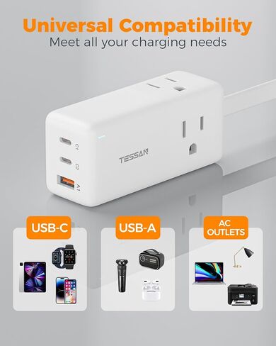 TESSAN USB C Charging Station PD 30W, Flat Plug Power Strip with 3 AC Ouelets 3 USB (2 USB C), USB C Charger with 5FT Flat Cable Extension Cord, Fast Charging for Phone Tablet Laptop, Travel, Office in Saudi Arabia
