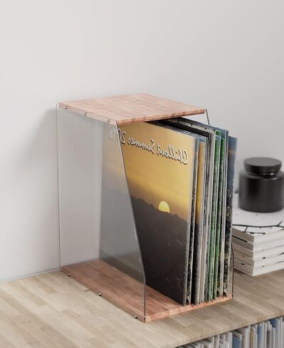 Vinyl Record Holder 40LPs+ Capacity Vinyl Record Storage Rack, Wooden Vinyl Albums Display Organizer with Acrylic Board, Quick Assembly Retro Style Record Storage Box for CD, Magazine, File in Saudi Arabia