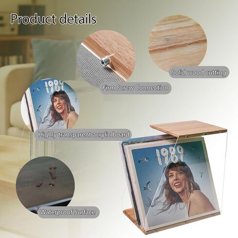 Vinyl Record Holder 40LPs+ Capacity Vinyl Record Storage Rack, Wooden Vinyl Albums Display Organizer with Acrylic Board, Quick Assembly Retro Style Record Storage Box for CD, Magazine, File in Saudi Arabia