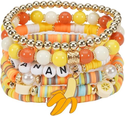 Heishi Surfer Friendship Bracelets مجموعة بوهيمية لطيفة الفاكهة الاستوائية الموز الأفوكادو أفوكادو كرز الفراولة الأناناس مانجو بوليمر الطين حبات الذهب القابلة للتكديس للنساء المجوهرات قبل in Kuwait