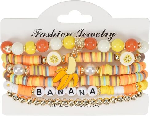 Heishi Surfer Friendship Bracelets مجموعة بوهيمية لطيفة الفاكهة الاستوائية الموز الأفوكادو أفوكادو كرز الفراولة الأناناس مانجو بوليمر الطين حبات الذهب القابلة للتكديس للنساء المجوهرات قبل in Kuwait
