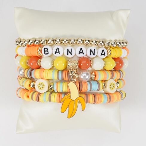 Heishi Surfer Friendship Bracelets مجموعة بوهيمية لطيفة الفاكهة الاستوائية الموز الأفوكادو أفوكادو كرز الفراولة الأناناس مانجو بوليمر الطين حبات الذهب القابلة للتكديس للنساء المجوهرات قبل in Kuwait