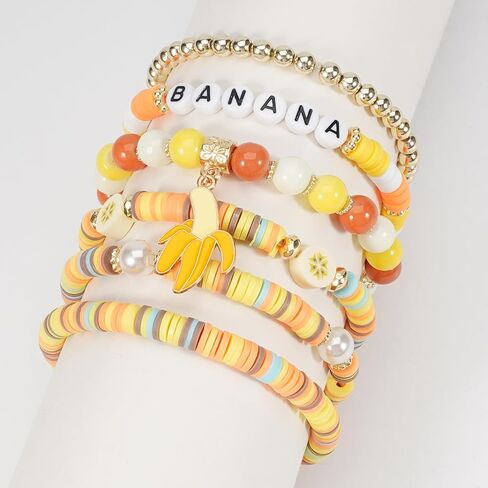 Heishi Surfer Friendship Bracelets مجموعة بوهيمية لطيفة الفاكهة الاستوائية الموز الأفوكادو أفوكادو كرز الفراولة الأناناس مانجو بوليمر الطين حبات الذهب القابلة للتكديس للنساء المجوهرات قبل in Kuwait
