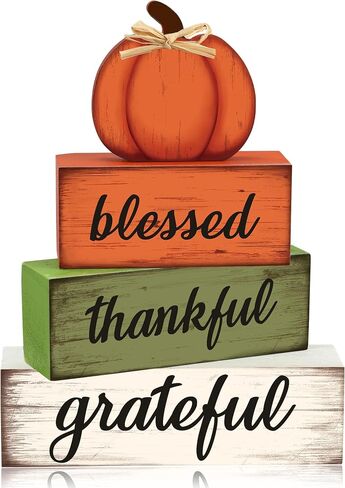 4 Pcs Fall Wooden Table Sign Fall Wooden Tiered Tray Decor Thankful Blessed Grateful Tabletop Signs Farmhouse Pumpkin Wood Blocks for Autumn Thanksgiving Harvest Home Kitchen Table Shelf Decor in Saudi Arabia