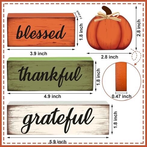 4 Pcs Fall Wooden Table Sign Fall Wooden Tiered Tray Decor Thankful Blessed Grateful Tabletop Signs Farmhouse Pumpkin Wood Blocks for Autumn Thanksgiving Harvest Home Kitchen Table Shelf Decor in Saudi Arabia