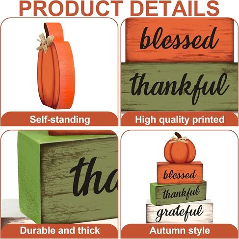 4 Pcs Fall Wooden Table Sign Fall Wooden Tiered Tray Decor Thankful Blessed Grateful Tabletop Signs Farmhouse Pumpkin Wood Blocks for Autumn Thanksgiving Harvest Home Kitchen Table Shelf Decor in Saudi Arabia