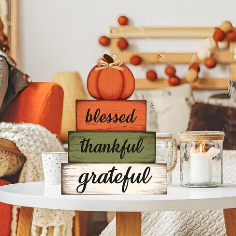 4 Pcs Fall Wooden Table Sign Fall Wooden Tiered Tray Decor Thankful Blessed Grateful Tabletop Signs Farmhouse Pumpkin Wood Blocks for Autumn Thanksgiving Harvest Home Kitchen Table Shelf Decor in Saudi Arabia