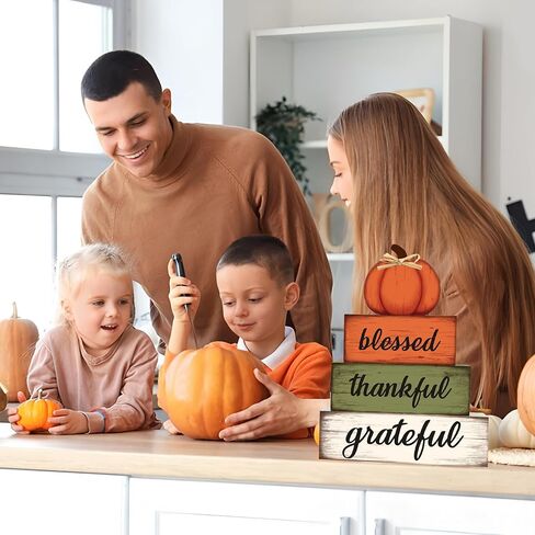 4 Pcs Fall Wooden Table Sign Fall Wooden Tiered Tray Decor Thankful Blessed Grateful Tabletop Signs Farmhouse Pumpkin Wood Blocks for Autumn Thanksgiving Harvest Home Kitchen Table Shelf Decor in Saudi Arabia