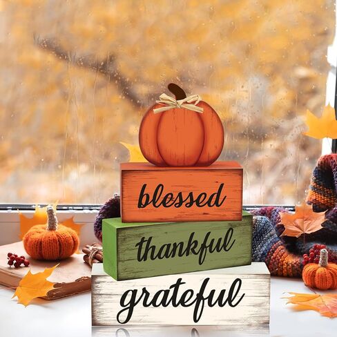 4 Pcs Fall Wooden Table Sign Fall Wooden Tiered Tray Decor Thankful Blessed Grateful Tabletop Signs Farmhouse Pumpkin Wood Blocks for Autumn Thanksgiving Harvest Home Kitchen Table Shelf Decor in Saudi Arabia