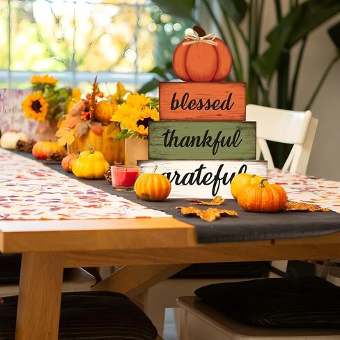 4 Pcs Fall Wooden Table Sign Fall Wooden Tiered Tray Decor Thankful Blessed Grateful Tabletop Signs Farmhouse Pumpkin Wood Blocks for Autumn Thanksgiving Harvest Home Kitchen Table Shelf Decor in Saudi Arabia