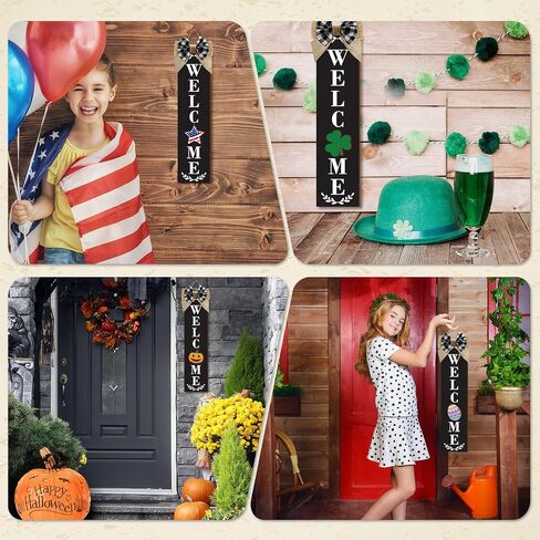 علامة Sintuff Holiday القابلة للتبديل 16 "× 4" لعلامة الشرفة الخشبية للباب الأمامي مع 24 PCS أيقونات ريفية موسمية للمنزل ترحيب مهرجان الربيع في الهواء الطلق (أبيض) in Kuwait