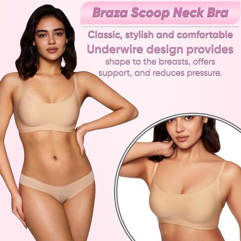 Scoop Neck Padded Bra – Comfortable Build-in Silicone Underwire Seamless Bra - Full Coverage Bra's with Hook & Eye Closure in Saudi Arabia