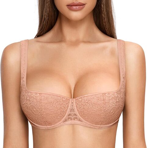 DOBREVA Women's Balconette Bra Sexy Lace Demi Underwire Shelf Plus Size Lightly Padded Wide Straps in Saudi Arabia