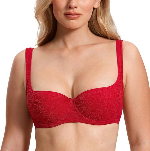 DOBREVA Women's Balconette Bra Sexy Lace Demi Underwire Shelf Plus Size Lightly Padded Wide Straps in Saudi Arabia