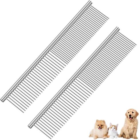Dog Grooming Comb Pet, Stainless Steel Cat Combs with Rounded Teeth, Professional Metal Tear Stain Remover, Dematting Tool for Small, Medium & Large Pets-7.5in in Kuwait