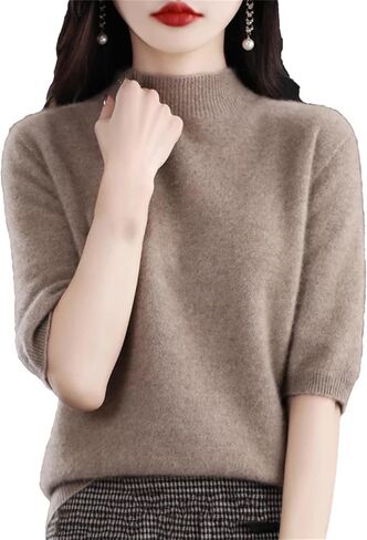 Uioklmjh نصف الأكمام القصير 100 ٪ Merino Wool Sweater Women Basic Mock-Dock Cashmere Bullover in Saudi Arabia