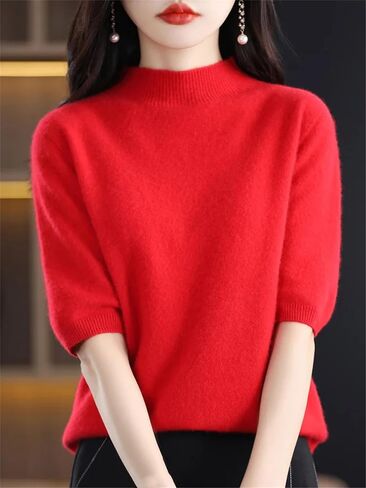 Uioklmjh نصف الأكمام القصير 100 ٪ Merino Wool Sweater Women Basic Mock-Dock Cashmere Bullover in Saudi Arabia