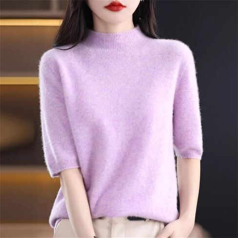 Uioklmjh نصف الأكمام القصير 100 ٪ Merino Wool Sweater Women Basic Mock-Dock Cashmere Bullover in Saudi Arabia