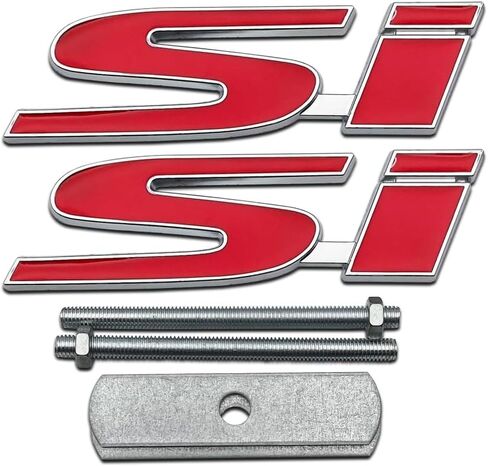 1Pcs Chrome Metal Front Hood Si Grille Emblem + 1Pcs Car Lid Trunk Sports Turbo Logo 3D Badge (Silver&Red) in Saudi Arabia