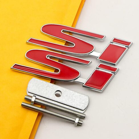 1Pcs Chrome Metal Front Hood Si Grille Emblem + 1Pcs Car Lid Trunk Sports Turbo Logo 3D Badge (Silver&Red) in Saudi Arabia