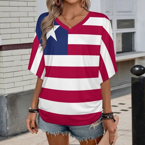 Liberia Flag Women's Unique V-Neck Short Sleeve Shirt T-Shirts Summer Casual Basic Loose Fit Tees Top in Kuwait