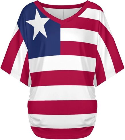 Liberia Flag Women's Unique V-Neck Short Sleeve Shirt T-Shirts Summer Casual Basic Loose Fit Tees Top in Kuwait