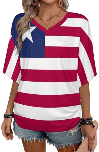 Liberia Flag Women's Unique V-Neck Short Sleeve Shirt T-Shirts Summer Casual Basic Loose Fit Tees Top in Kuwait
