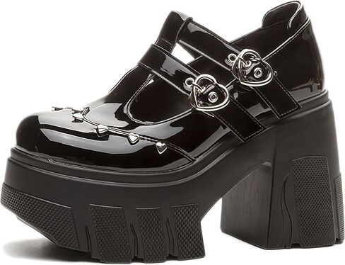 منصة نسائية مكتنزة T-Strap Mary Jane Pumps مع ضبط الحب مشبك أزياء الحب المسامير الراحة جولة أخمص القدمين كعب مكتنزة لوليتا القوطية بانك بريكس الأميرة ماري جينس للحفلة تاريخ حفلة موسيقية in Kuwait