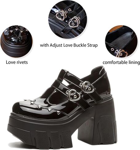 منصة نسائية مكتنزة T-Strap Mary Jane Pumps مع ضبط الحب مشبك أزياء الحب المسامير الراحة جولة أخمص القدمين كعب مكتنزة لوليتا القوطية بانك بريكس الأميرة ماري جينس للحفلة تاريخ حفلة موسيقية in Kuwait