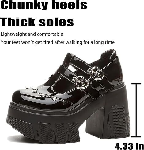 منصة نسائية مكتنزة T-Strap Mary Jane Pumps مع ضبط الحب مشبك أزياء الحب المسامير الراحة جولة أخمص القدمين كعب مكتنزة لوليتا القوطية بانك بريكس الأميرة ماري جينس للحفلة تاريخ حفلة موسيقية in Kuwait