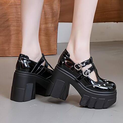 منصة نسائية مكتنزة T-Strap Mary Jane Pumps مع ضبط الحب مشبك أزياء الحب المسامير الراحة جولة أخمص القدمين كعب مكتنزة لوليتا القوطية بانك بريكس الأميرة ماري جينس للحفلة تاريخ حفلة موسيقية in Kuwait