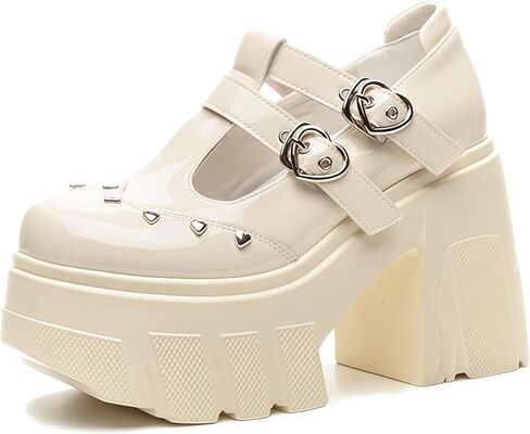 منصة نسائية مكتنزة T-Strap Mary Jane Pumps مع ضبط الحب مشبك أزياء الحب المسامير الراحة جولة أخمص القدمين كعب مكتنزة لوليتا القوطية بانك بريكس الأميرة ماري جينس للحفلة تاريخ حفلة موسيقية in Kuwait