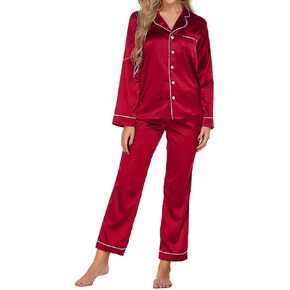 طقم بيجامة حريمي من الساتان والحرير من Crocon مكون من قطعتين طقم بيجاما ملابس نوم قطعتين ملابس نوم بأكمام طويلة وزر سفلي طقم Pj in Kuwait
