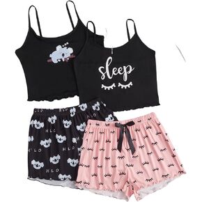 WDIRARA Women's 4 Pieces Cartoon Print Sleepwear Lettuce Trim Cami Top and Shorts Pajama Set
