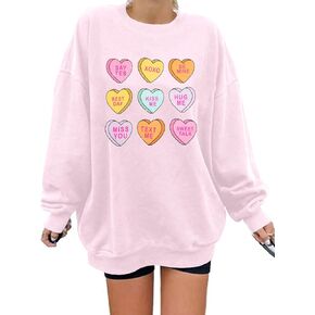JINTING Valentine Sweatshirt Women Oversized Hearts Long Sleeve Shirt Conversation Heart Sweatshirts Gift for Her