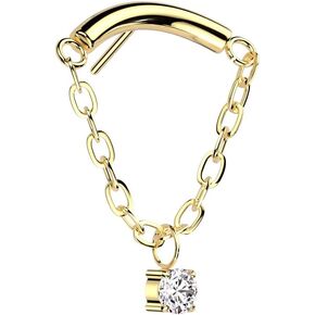 Implant Grade Titanium Threadless Push In Chain Linked Curved Bar With CZ Dangle Top (Fits All Threadless Pin Sizes 14GA-20GA)