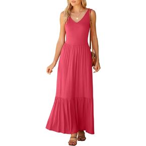 LILBETTER Women's Summer Casual Sleeveless V Neck Swing Dress Flowy Tiered Maxi Beach Dress with Pockets