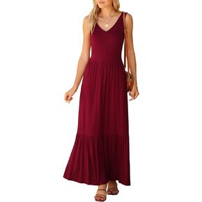 LILBETTER Women's Summer Casual Sleeveless V Neck Swing Dress Flowy Tiered Maxi Beach Dress with Pockets