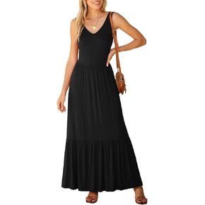 LILBETTER Women's Summer Casual Sleeveless V Neck Swing Dress Flowy Tiered Maxi Beach Dress with Pockets
