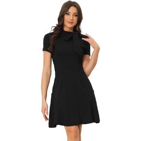 Allegra K Elegant Tie Neck Dress for Women's Short Sleeve Ruffled Hem Swing Party Dresses