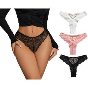 Women's Sexy Lace Thongs, V-Shape Low Rise Seamless Underwear Hollow Out See Through Panties Pack of 3