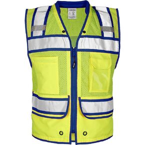 Kishigo Unisex High Visibility Reflective Color Contrast Performance Surveyors Vest S5043, Zipper Closure, Polyester, ANSI 107 Type R/Class 2, Multiple Pockets for Tools (Lime/Royal Blue, M)