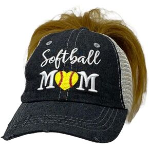 Cocomo Soul Womens Softball Mom Hat | Softball Mom Messy BUN HIGH Ponytail Hat | Softball Mom Cap 305 Dark Grey