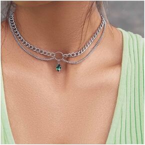 Vintage Layered Emerald Pendant Necklace Crystal Emerald Necklace Gold Circle Choker Necklace Punk Curb Chain Necklace Jewelry for Women and Girls (Gold)