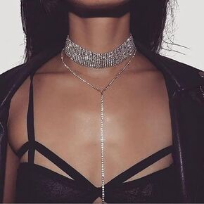 Sexy Crystal Necklace Silver Exaggerated Multi-layer Full-rhinestone Choker Necklace Chain Adjustable Jewelry for Women and Girls