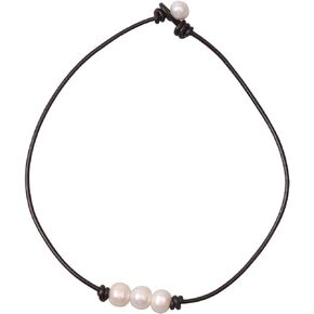 Women White 3 Cultured Freshwater Pearls Choker Necklace on Genuine Leather Cord Knotted Jewelry