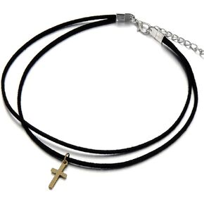 COOLSTEELANDBEYOND Ladies Womens Black Choker Necklace with Vintage Cross Charm Pendant