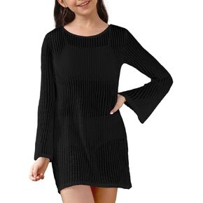 Batermoon Girls Swimsuit Cover up Crochet Bikini Cover Ups Hollow Out Net Long Sleeve Swimwear for Beach